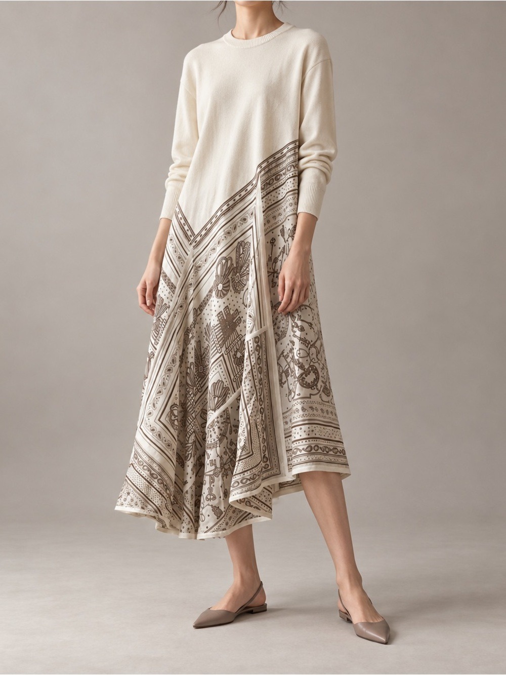 Hermès Cashmere & Silk Scarf Print Asymmetric Dress Ivory Size 34